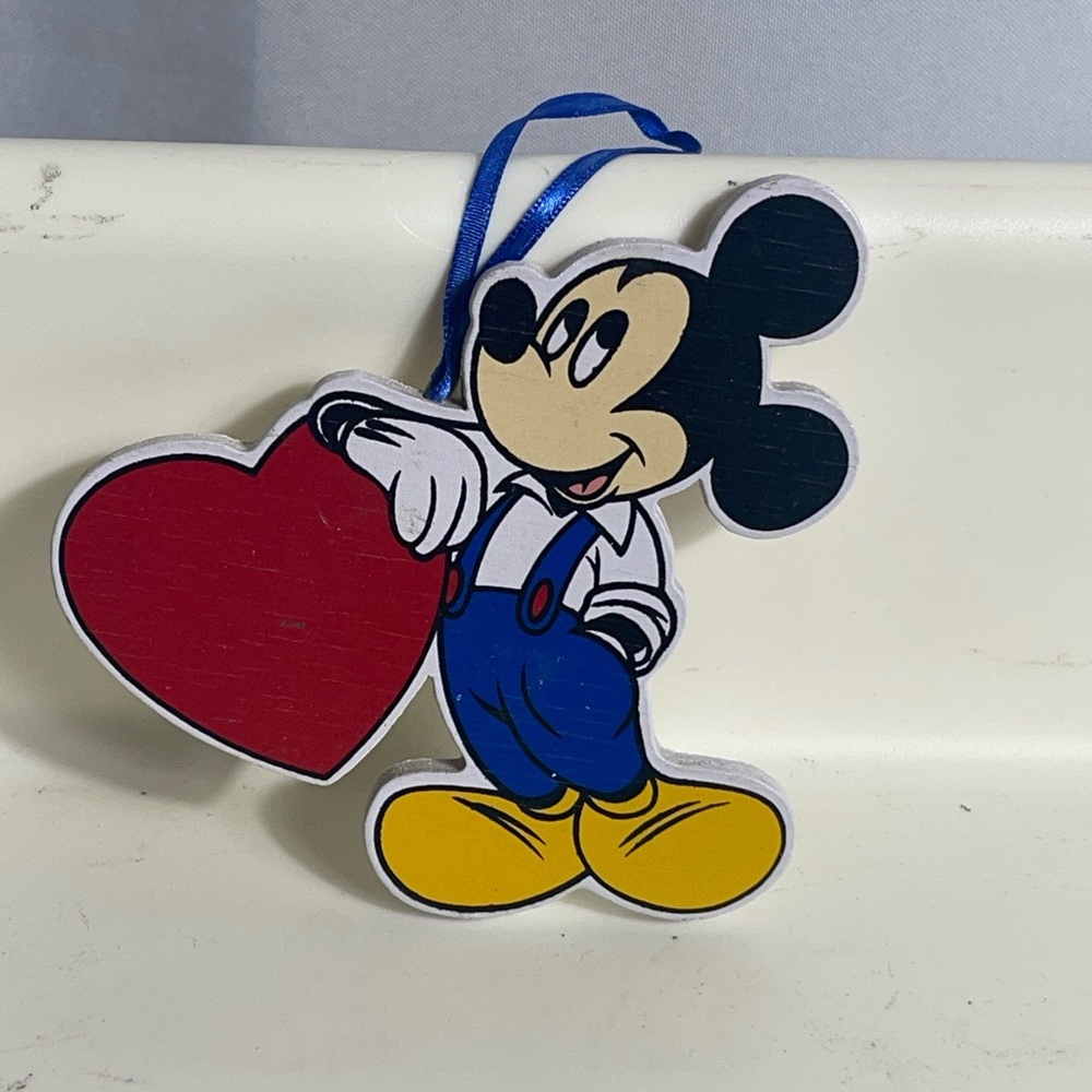 Vintage Walt Disney Mickey Mouse Heart Wooden Hanging Ornament 5” x 4”